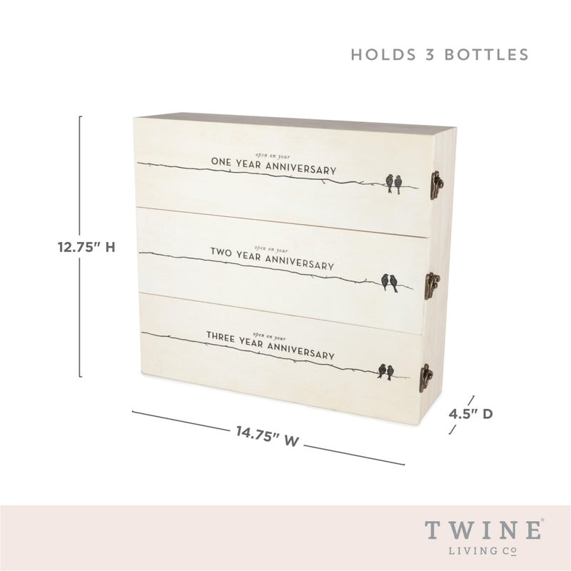 Twine Newlywed's Anniversary Wooden Gift Box with Lids and Brass Latches, Fits 3 Standard Wine Bottles, Wedding Keepsake Boxes, Decorative Storage Case for Mementos - Image 3